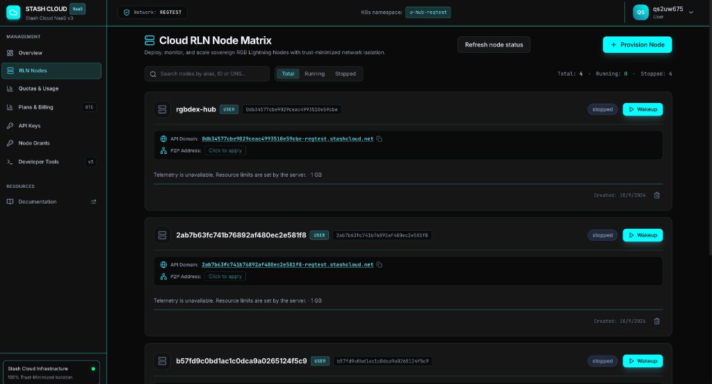 登录后的 Cloud RLN Node Matrix：任意钱包账户都可以直接 Provision Node 并管理自己的节点