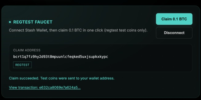 Official Regtest Faucet: connected and claim succeeded, with claim address and transaction link