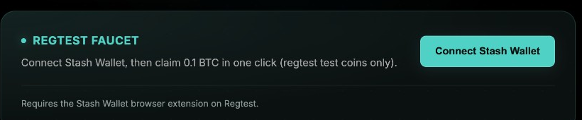 Official Regtest Faucet: Connect Stash Wallet button